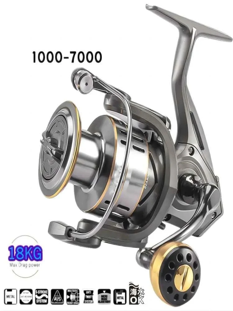 Spinning Reel Ultralight Metal Spool Fishing Lightweight Tackle Max Drag 18kg Saltwater Long Throw Reels 1000-7000Series