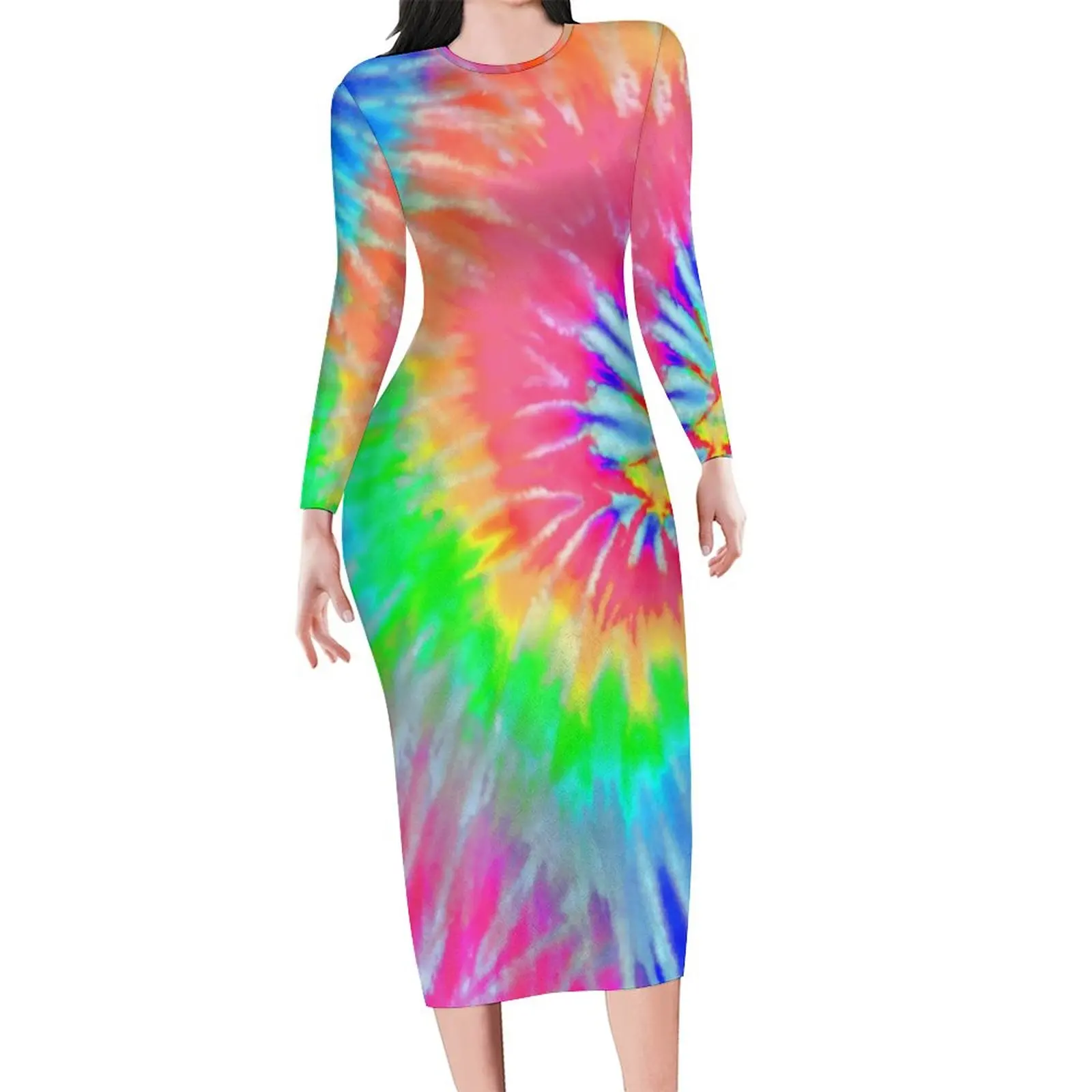 Starburst Tie Dye Bodycon рокля Lady Rainbow психеделични елегантни рокли Есен дълъг ръкав уличен стил графична рокля голям размер