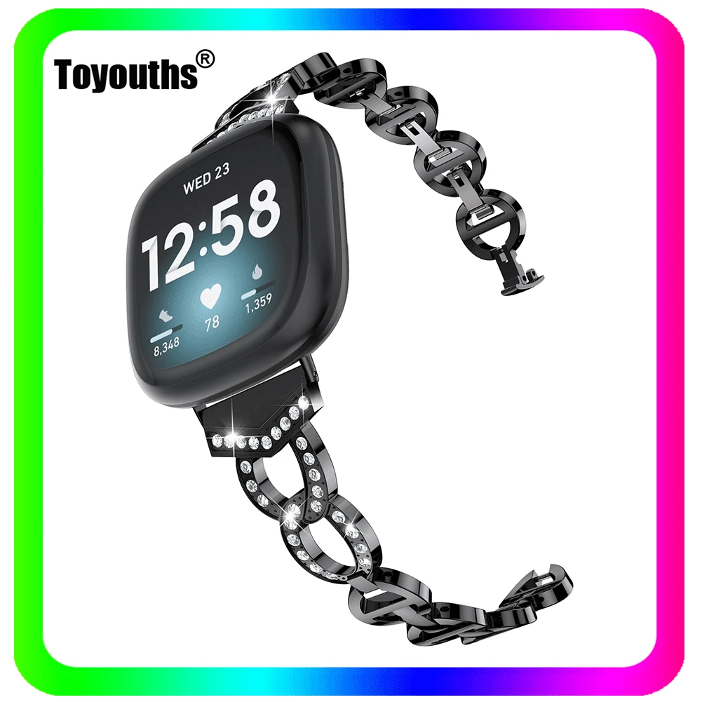 Toyouths Диамантена каишка за часовник за Fitbit Versa 3 жени часовник лента за Fitbit Sense неръждаема стомана бързо освобождаване метална гривна