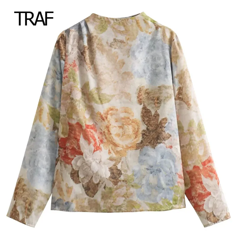 TRAF печат сатенени блузи мода жена блуза 2023 есен O-образно деколте дълъг ръкав флорални топ елегантни дамски луксозни дизайнерски блузи