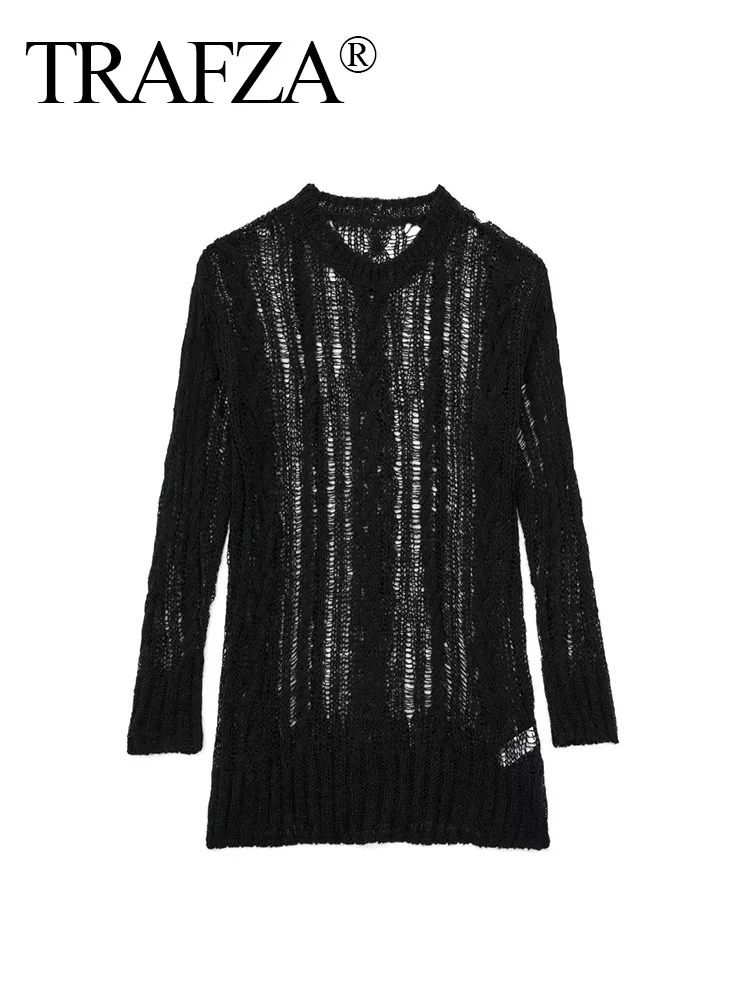 TRAFZA Есенни пуловери Пуловери Жена 2023 Модерен черен О-образно деколте дълги ръкави кухи декорация женски секси плетене върхове