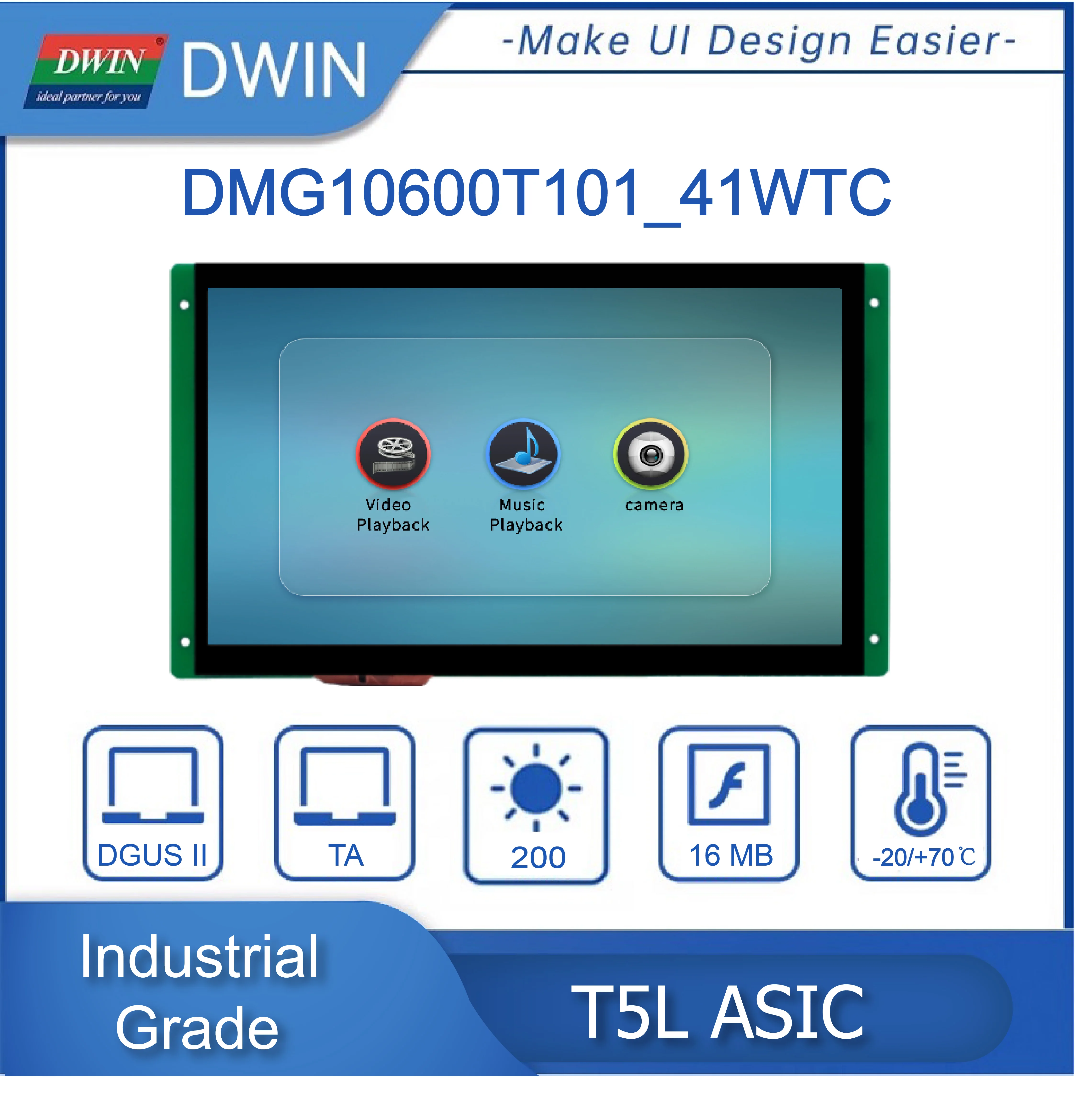 USB камера екран 10.1 инча, 1024xRGBx600, 16.7M цветове, IPS, CTP, DGUSII. система, поддръжка на видео, възпроизвеждане на музика DMG10600T101_41WTC