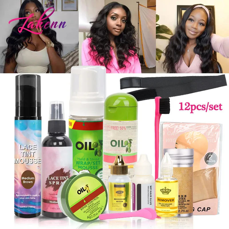 Wig Kit For Lace Front Wigs Complete Set 12Pcs Lace Tint Spray Mousse Hair Wax Stick Strong Wig Glue And Remover Lace Melt Band