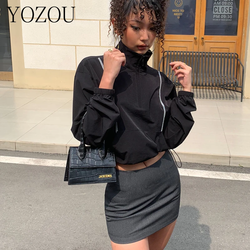 [YOZOU] Луксозен дизайн Gorpcore черен сив цип нагоре изрязани ветровка якета жените върховете открит случайни стил High Street Y2k