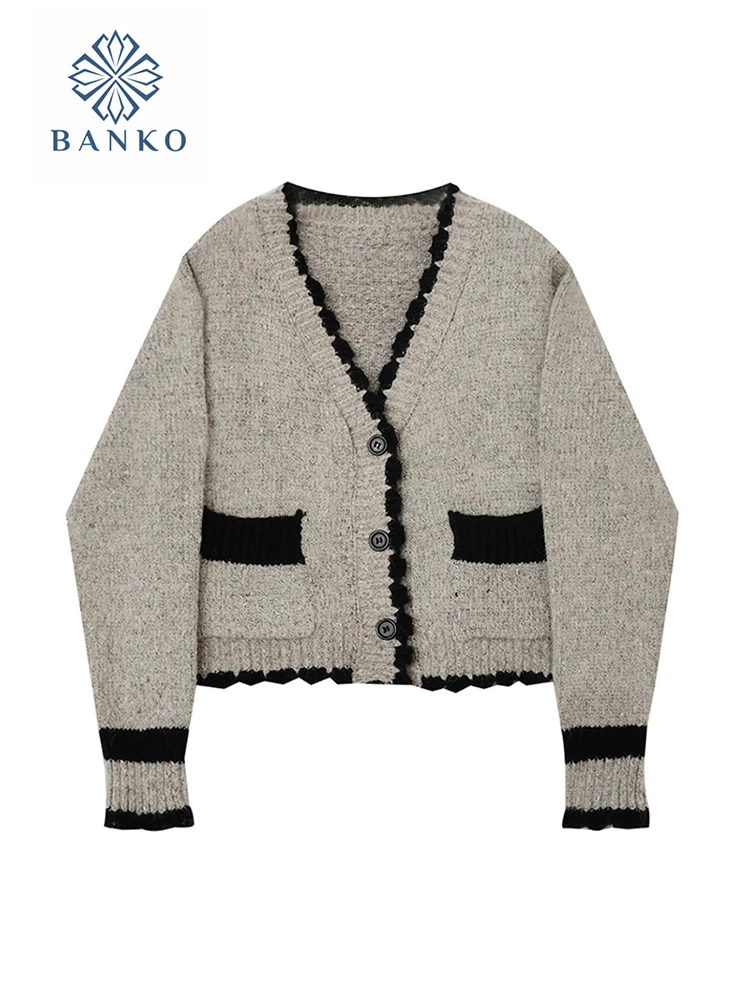Американски ретро V-образно деколте плетени жилетки пуловер хлабав еднореден извънгабаритни японски мода плътен цвят джъмпер есен зима