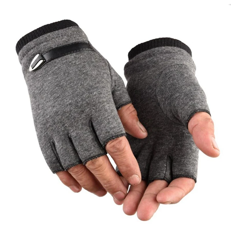 Без пръсти Мъжки ръкавици Шофиране мека кожа Черно сиво половин пръст мъже еластични ръкавици открит велосипед ръкавици зимни топли ръкавици