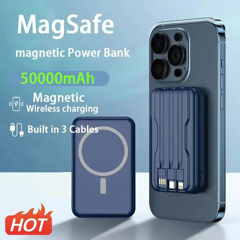 Безжичен магнитен 50000mAh Power Bank Преносимо Powerbank тип C бързо зарядно устройство Вграден кабел за iPhone 14 13 Xiaomi батерия