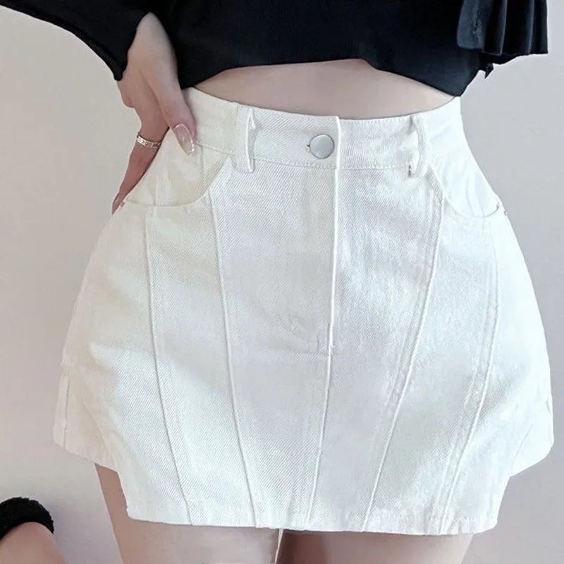 бял висока талия къса пола женски лято секси тънък годни анти-отблясъци дънкови поли жена корейски стил улично облекло A-линия мини пола