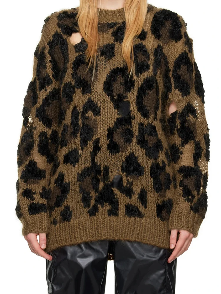 Дамски леопард печат хлабав дупка пуловер ежедневно облекло висока улица тенденция парти запознанства външно облекло топла пролет и зима върховете качулка