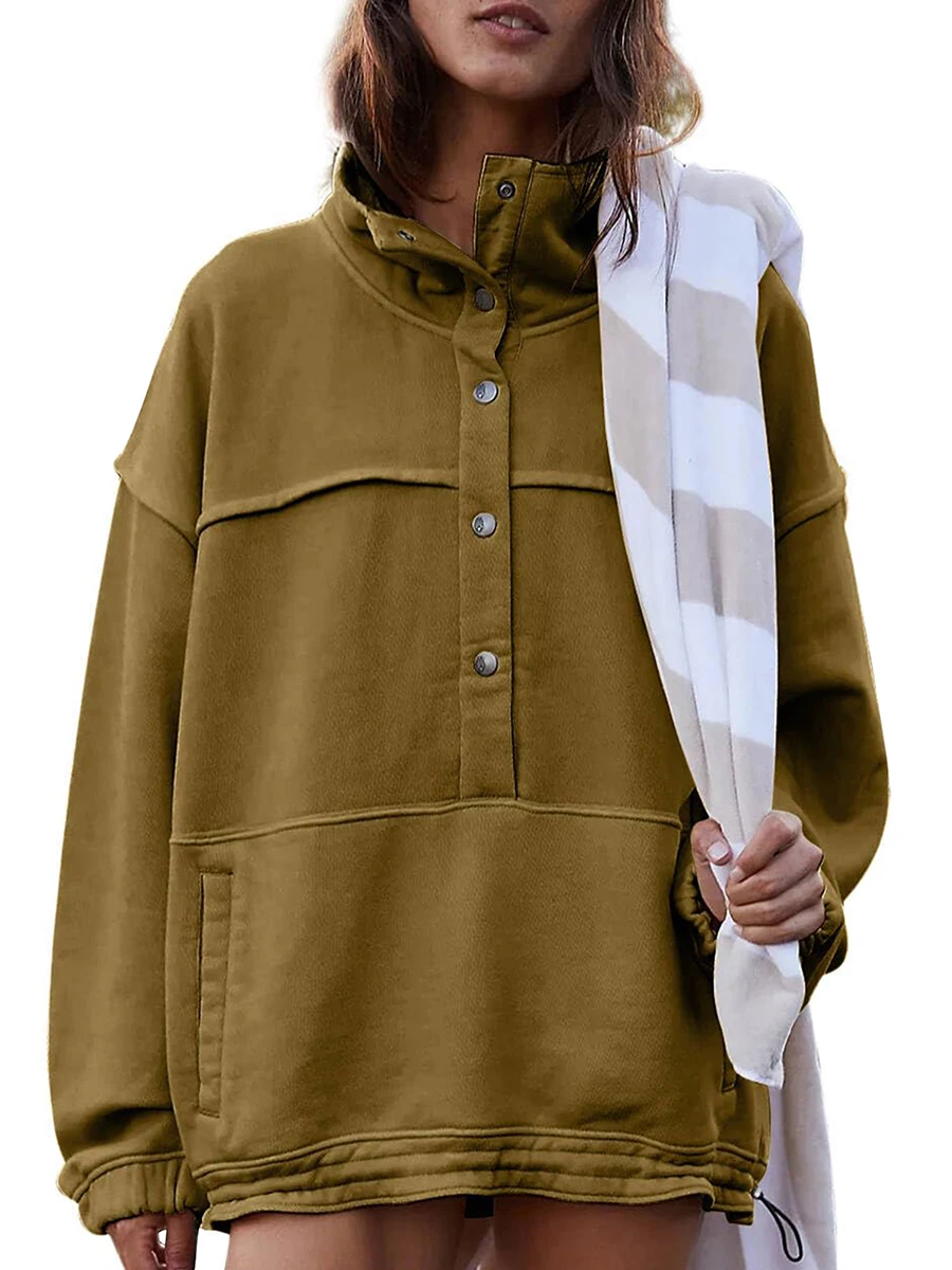 Дамски свободни суичъри Плътен цвят високо деколте щракам крепежни елементи дълъг ръкав пуловери есен зима случайни върхове