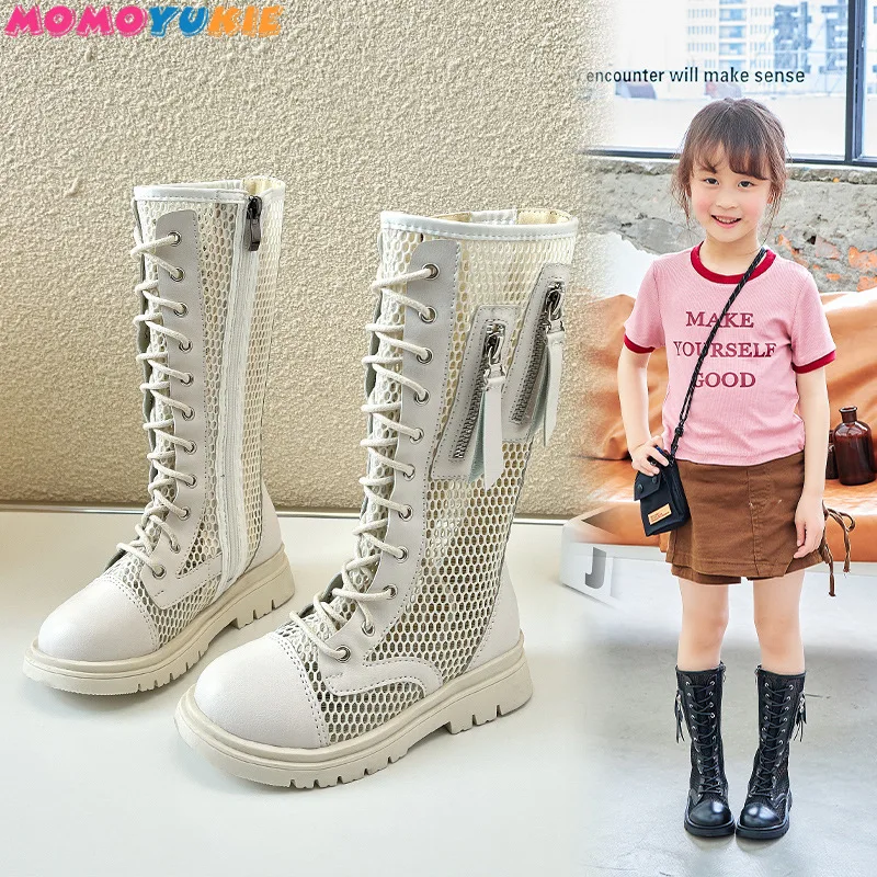 Детски високи ботуши 2023 момичета лято нов стил корейски издание цип универсален кухи ботуши за плътен цвят деца ежедневни обувки