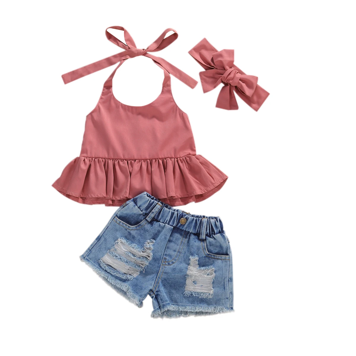Детски деца бебе момичета мода 3-парче облекло комплект плътен цвят оглавник отгоре + дънкови шорти + лента за глава лято ежедневни дрехи комплект 2020