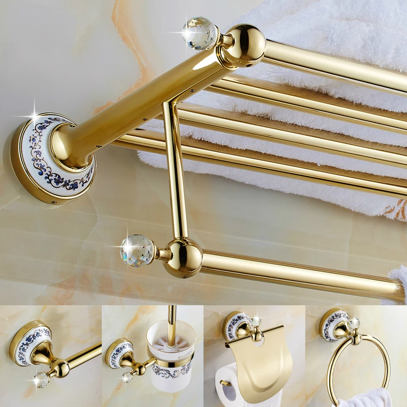 Европейски обшивка златни аксесоари за баня с кристални антични керамични полирани хардуерни комплекти Продукти Qj5210