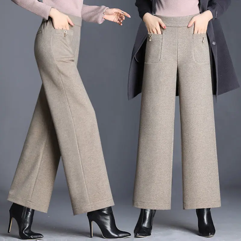 Ежедневни вълнени панталони с висока талия с широк крак за жени есен зимни топли панталони дебели офис прави панталони корейски панталони 2023 Q434