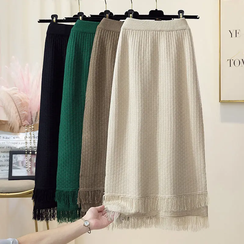 Есен Зима Дамски плетени поли корейски стил висока талия молив дами мода елегантен обрат пискюл дълга пола R267