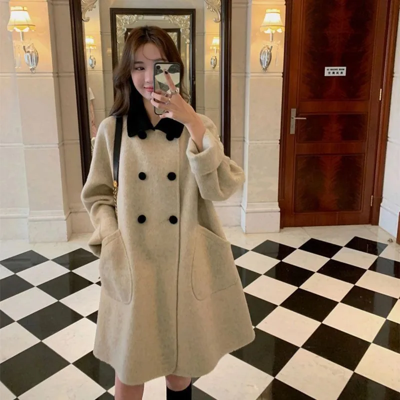 есен зимно палто жени корейски издание поло врата темперамент висок клас палто плат средата дължина Хепбърн стил кожа палто жени