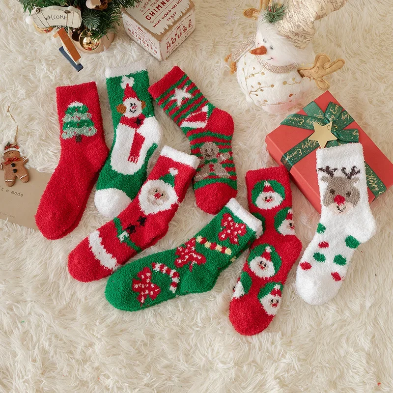 Есен и зима Дебели топли коралови кадифени чорапи за жени Коледа японски дома етаж чорапи пресичат границата
