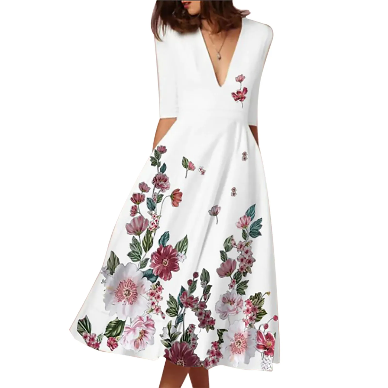 Жените елегантен V врата висока талия рокля мода реколта флорални печатни отслабване рокля темперамент половин ръкав случайни рокля