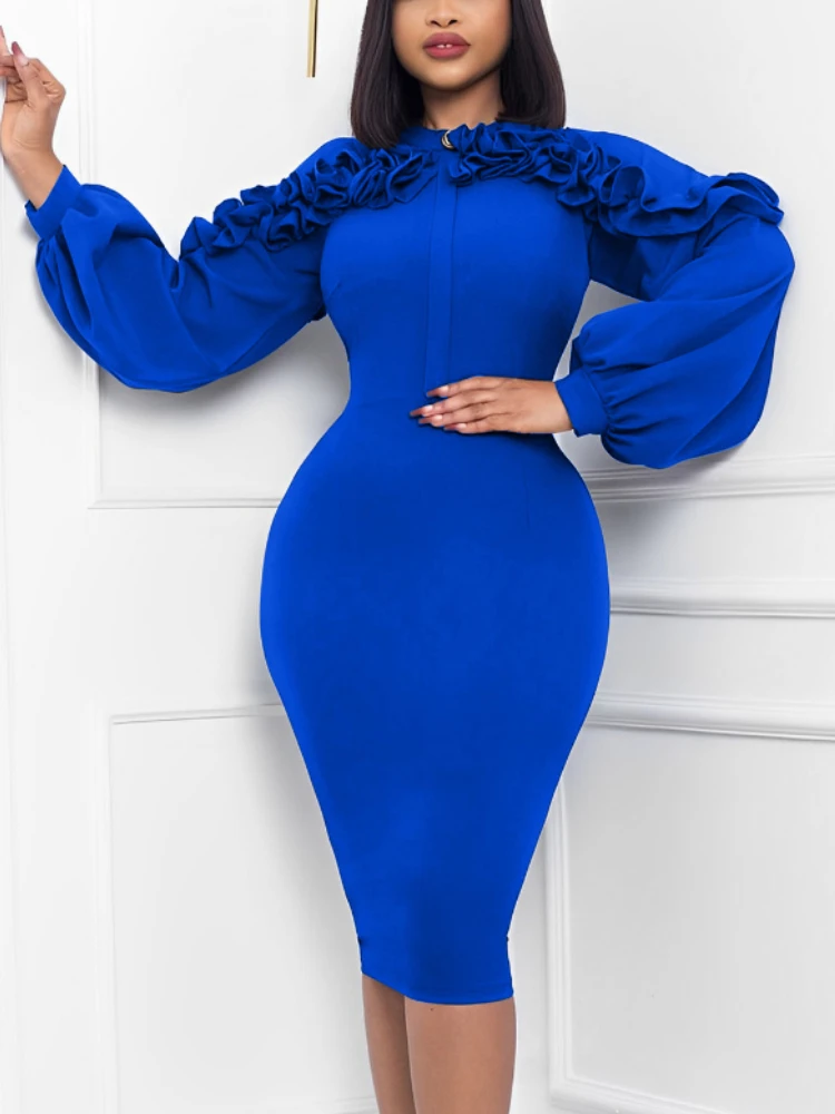 Жените къдри Midi Bodycon рокля половин висока яка 3D цвете пачуърк дълъг фенер ръкав обвивка елегантен парти клуб вечерен халат