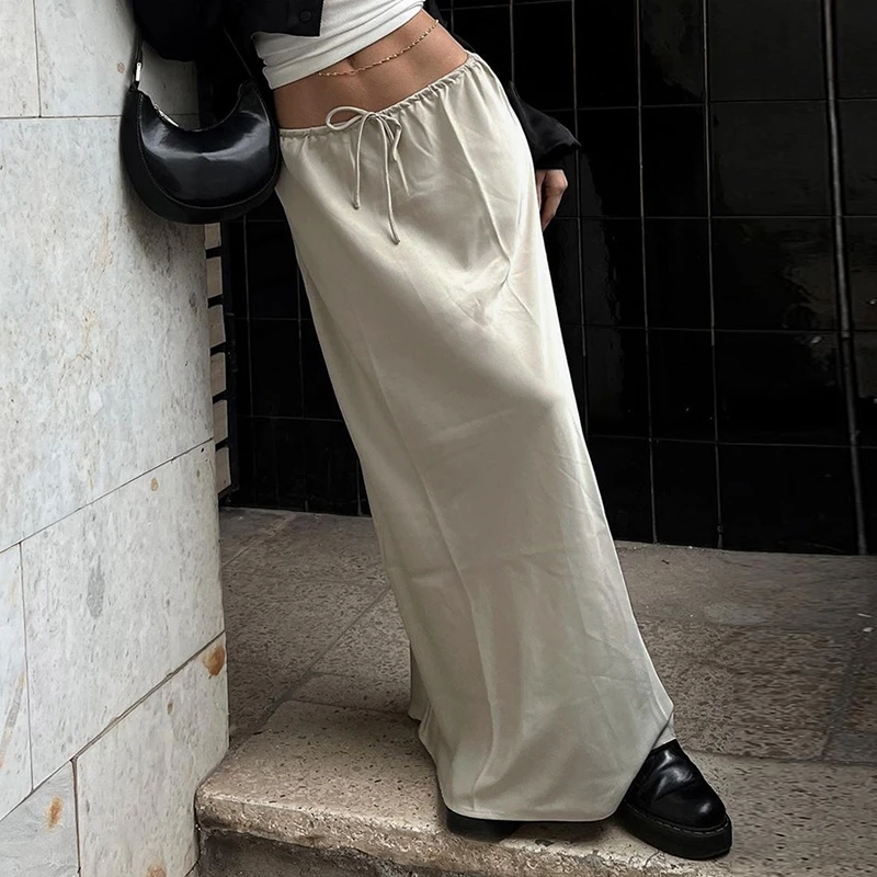 Жените сатен дълга пола плътен цвят лято случайни шнур еластична пола за плажове клуб streetwear естетически дрехи