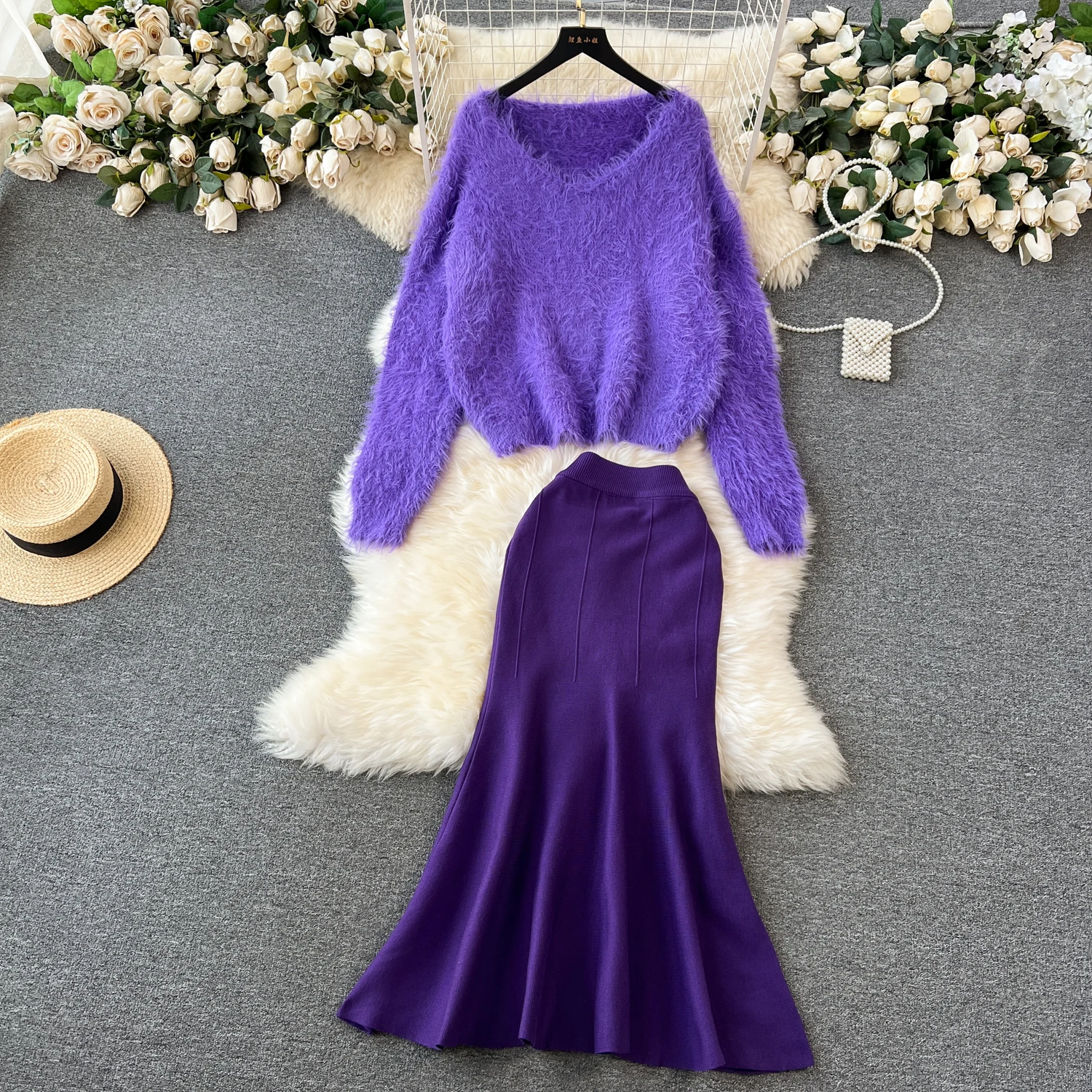 Женски есенен и зимен темпераментен комплект женски плетен топ пола моден комплект от две части