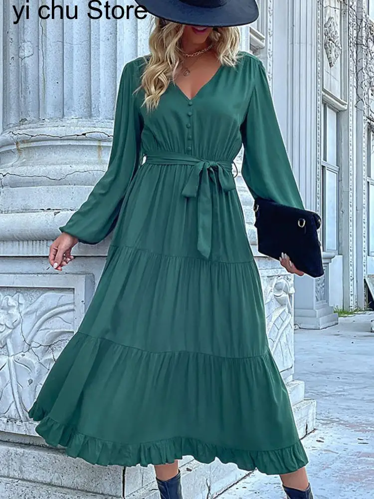 Зелена ежедневна рокля за жените пролетно лято хлабав v-образно деколте плисирани рокли с дълъг ръкав Дамска вратовръзка талия отслабване Midi рокля