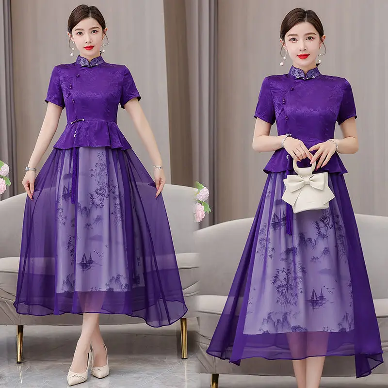 Китайска рокля XXXL 2023 Лятна мода на мама висок клас ретро окото печат фалшив две части Cheongsam рокля Midi жени Qipao Z2073