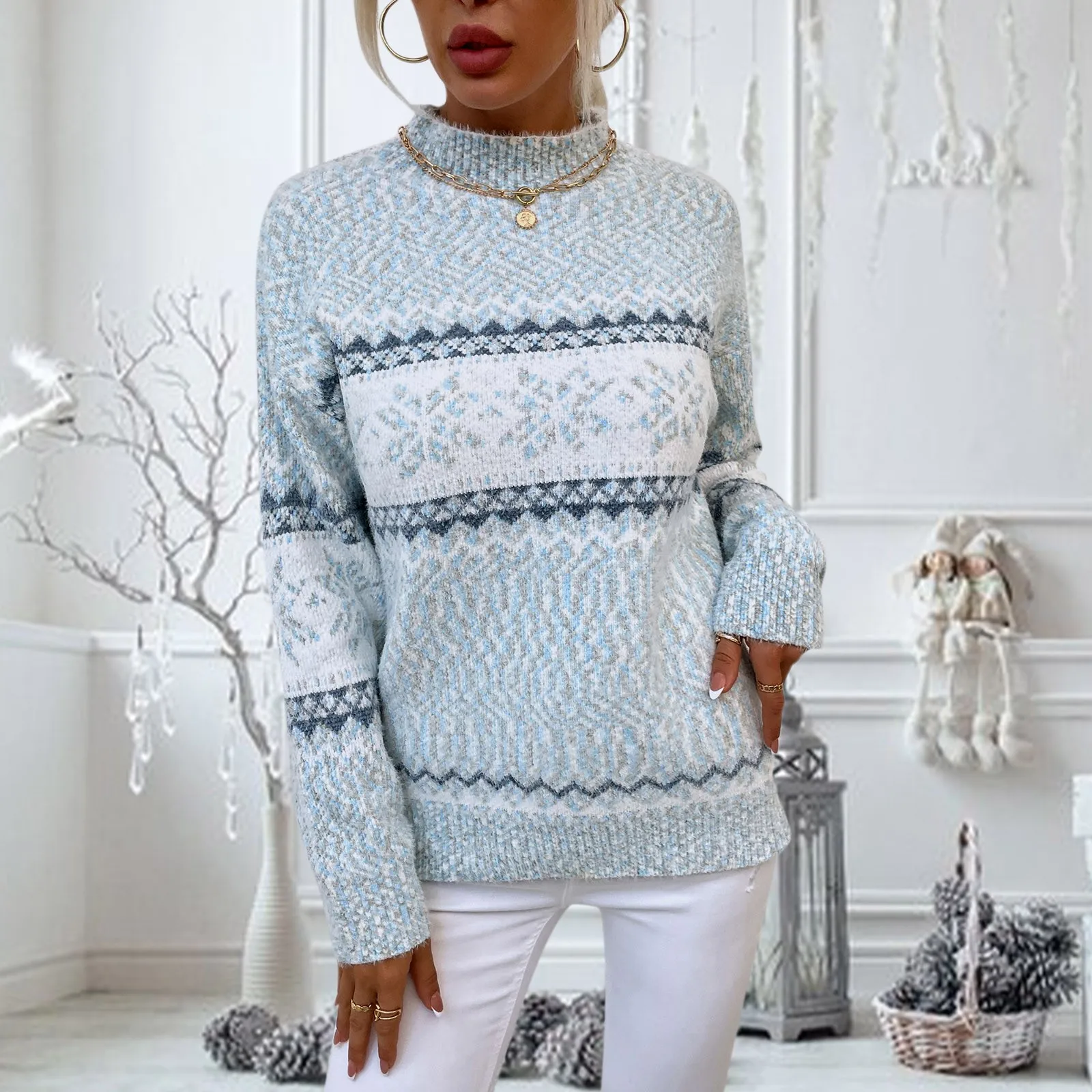 Коледа Поло снежинка плета хлабав жените пуловер зимата мода топло пуловер пуловери случайни дама шик всички мач джъмпер