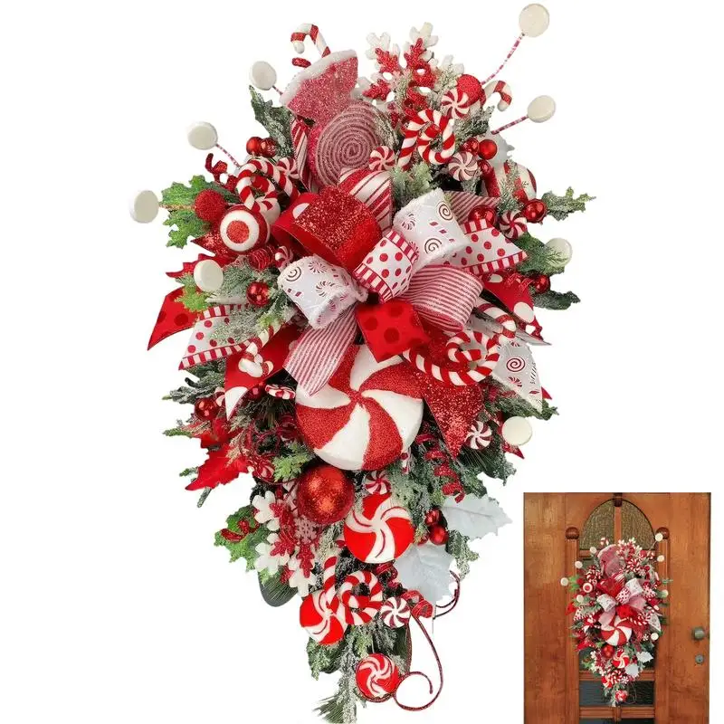Коледен рушвет и венци Червен и бял декоративен рушвет с бонбони коледни венци с обърнато дърво за празнична зима