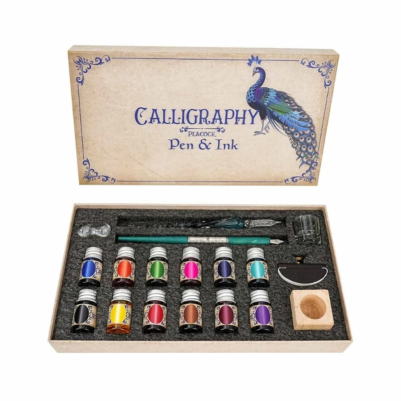 Комплектът за начинаещи Dip Pen включва 12 цветни бутилки Glass Dip Pen