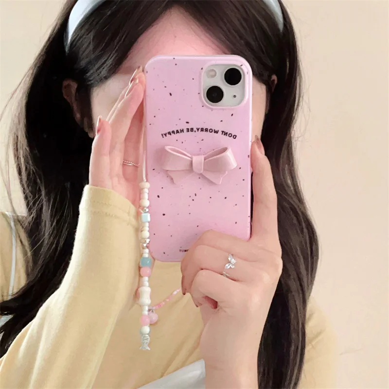 Корейски сладък розов лък Splash мастило телефон случай за iPhone 15 Pro 11 12 13 14 Pro макс капак с верига силиконови защитни калъфи момиче