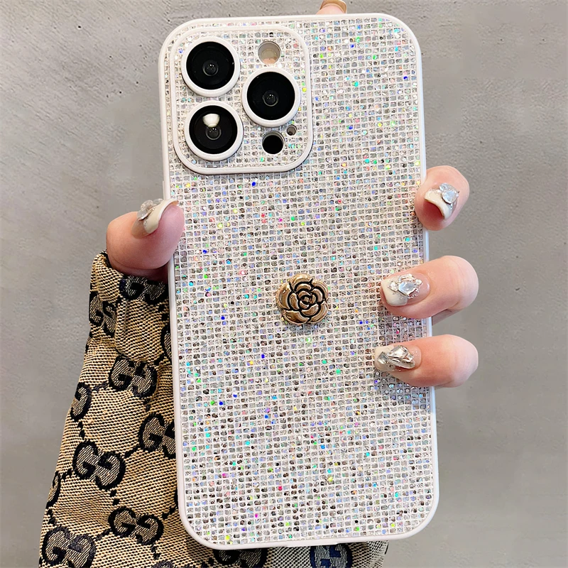 Луксозен блясък блясък диамантени пайети цвете телефон случай за iPhone 15 14 Pro Max 13 12 11 обектив камера защита силиконов капак