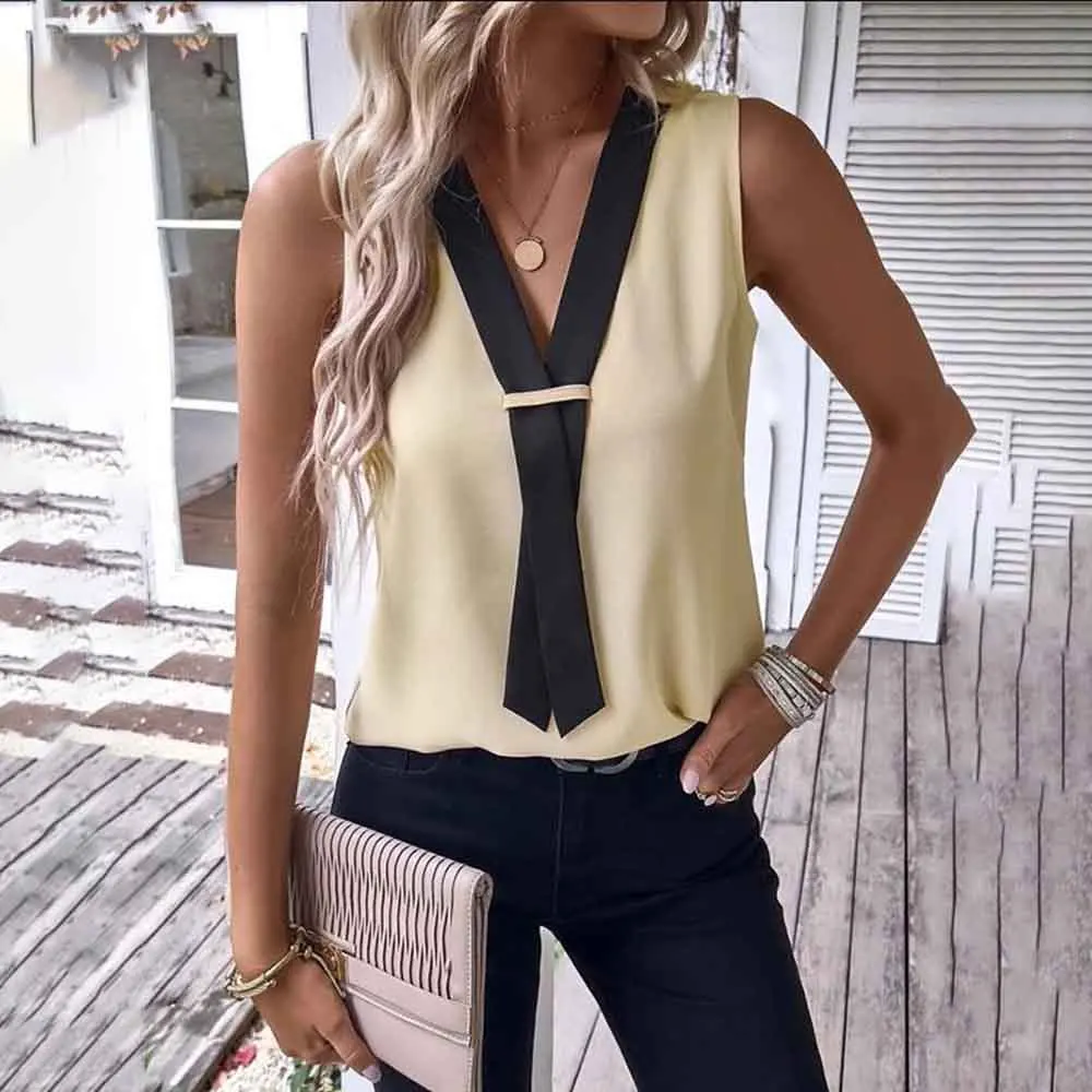 Лято елегантна блуза жени Commuter мода вратовръзка снаждане v-образно деколте без ръкави пуловер Топ офис прост твърд шик ризи резервоар 