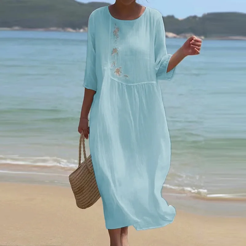 Лято случайни проста дълга рокля елегантен O-образно деколте плътен цвят почивка плаж рокля жени половин ръкав пуловер хлабав рокля