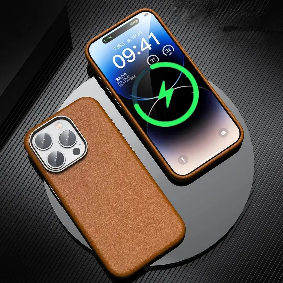 Магнитен PU телешка кожа случай за iPhone 15 Pro Max 15Pro безжично зареждане покритие бутони тънък висок клас твърд заден капак