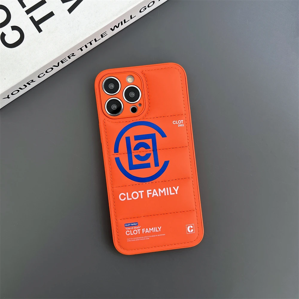 Мода надолу яке съсирек семейство етикет мека кърпа телефон случай за Iphone 15 14 13 Pro Max жизненост оранжев буфер случай Fundas
