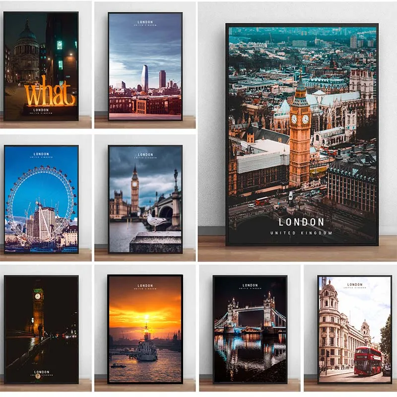 Модерно пътуване до Лондон Възпоменателни плакатни отпечатъци, Пейзаж от известни градски атракции, Живопис от платно, Стенно изкуство, Домашен декор