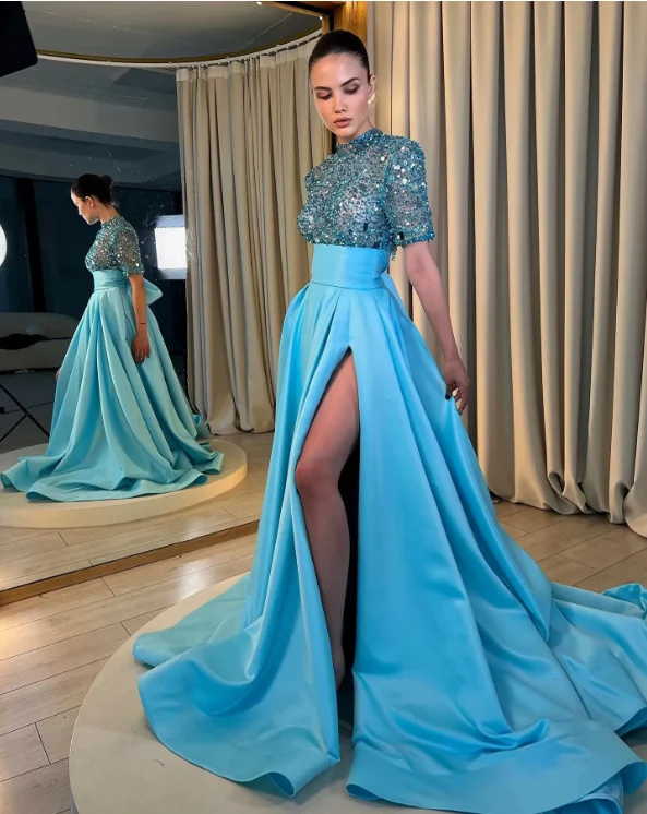 Невероятно езеро синьо A-line вечерна рокля високо деколте къси ръкави пайети кристал дълго абитуриентски официални рокли обичай فستان سهرة نسائي