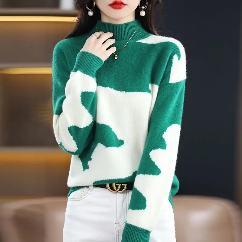 Нови зимни дрехи дамски модни върхове 2023 макет врата плетене съвпадение дълъг ръкав отгоре пътека пуловер жени пуловер Y23