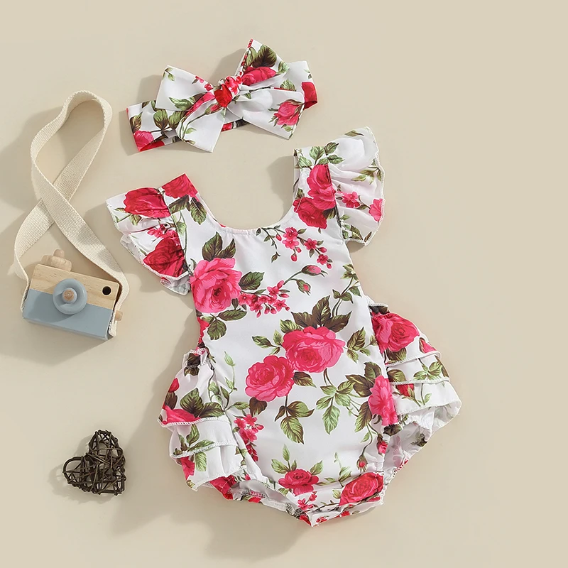 новородено бебе бебе момиче гащеризон цвете облекло муха ръкав лято боди флорални дрехи лента за коса