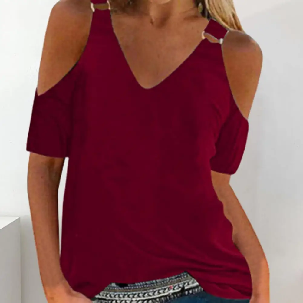 Плътен цвят цветен печат тениска цветен печат пуловер върхове дамски летни v-образно деколте тениска със студена рамото катарама декор за