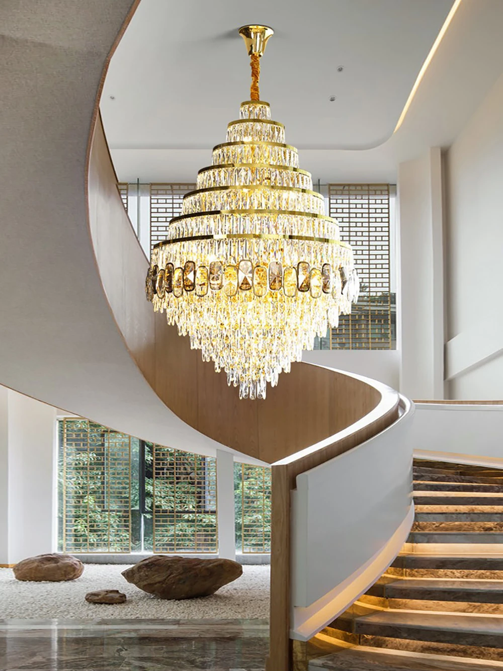 Полилей модерен LED луксозен кристал голям висящи лампа 3 цвят димиране вътрешен притежател окачване спирала стълба за хотел