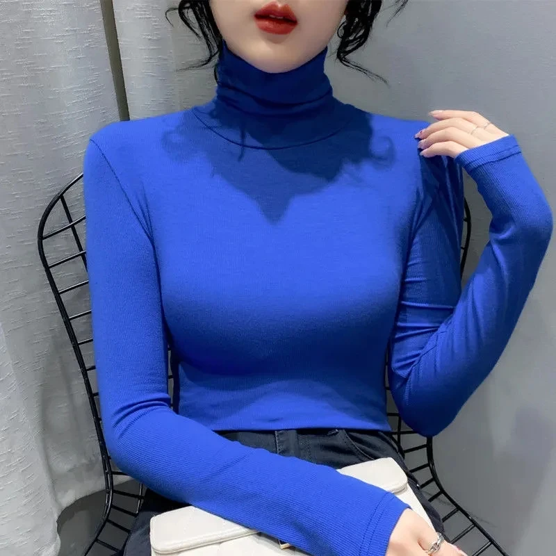 Поло случайни твърди основни дълъг ръкав тънък долни ризи дамски пуловер корейски мода шик пуловер пуловери върховете есента