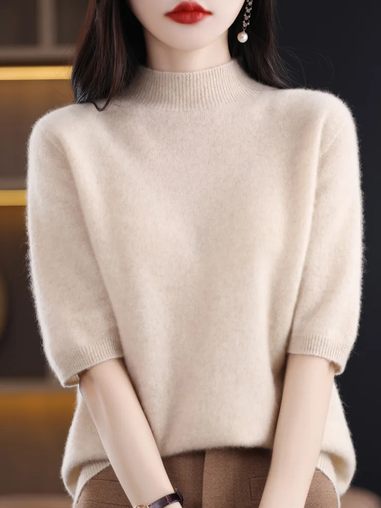 Половин ръкав кашмир жени плетени пуловери 100% чист Merino вълна пролетта мода макет врата Топ пуловер Non-Connect една линия