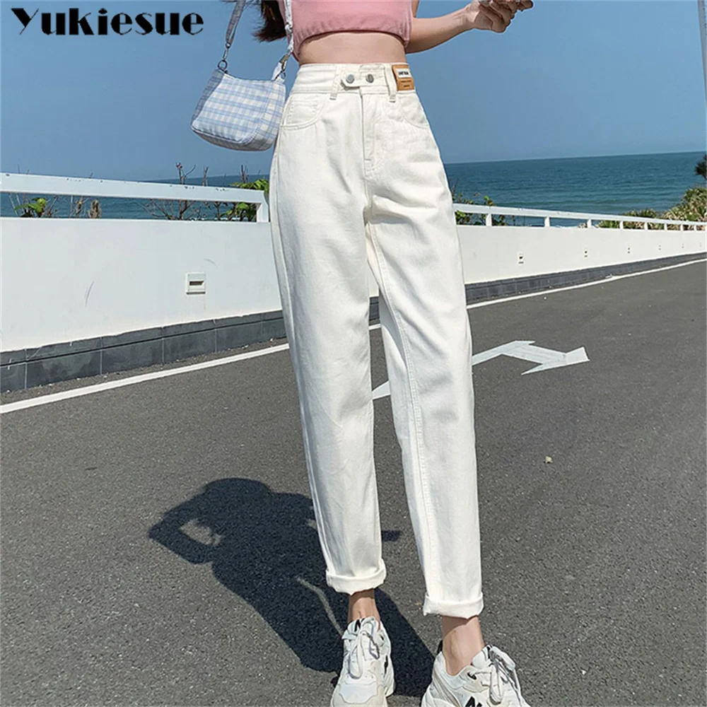 пролет 2022 дамска мода висока талия корейски Дамски харем дънки торбеста жена деним капри панталони жан мама дънки панталони бял