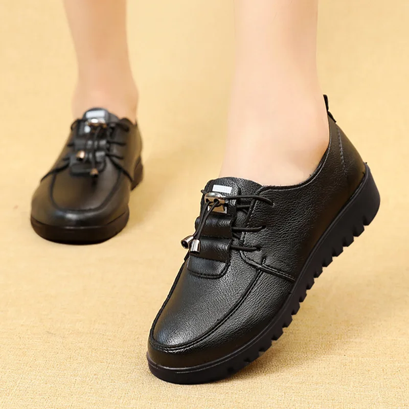 Пролет Есен Нова мода Дамски маратонки Дишащи плоски обувки Дамски мокасини Естествена кожа Черни обувки Възрастни плоски обувки