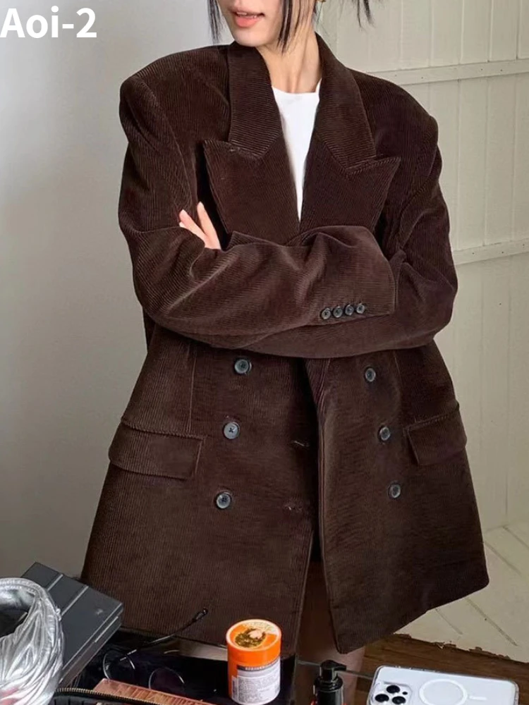 Реколта мода Maillard Blazer палто жените 2023 есен/зима високо качество кафяв дизайн разхлабвам тип топло елегантен Commuter яке