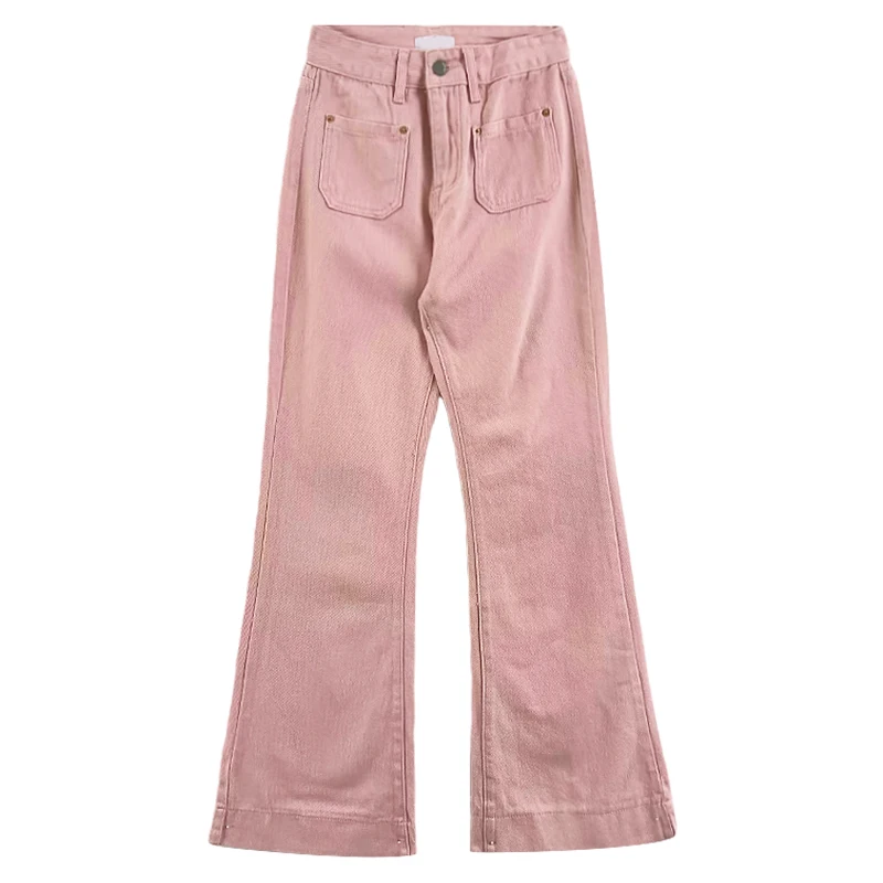 Ретро измити светло розови триизмерен джоб висока талия хлабав тънък дънков панталон