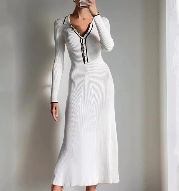 Рокли за жени 2023 Есенно бяло облекло Мода Талия обвита V-образно деколте Тънка ежедневна елегантна дълга рокля