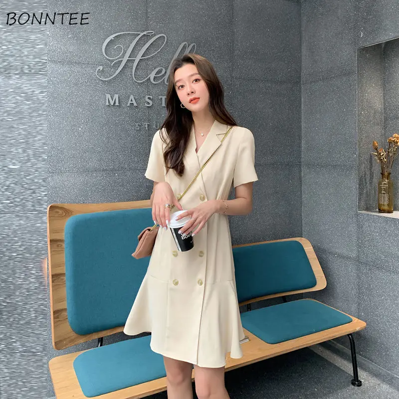 Рокля Дамски летни дрехи S-3XL бутони корейски стил твърди основни нежни офис дами елегантен дизайн нов женски уютен мода